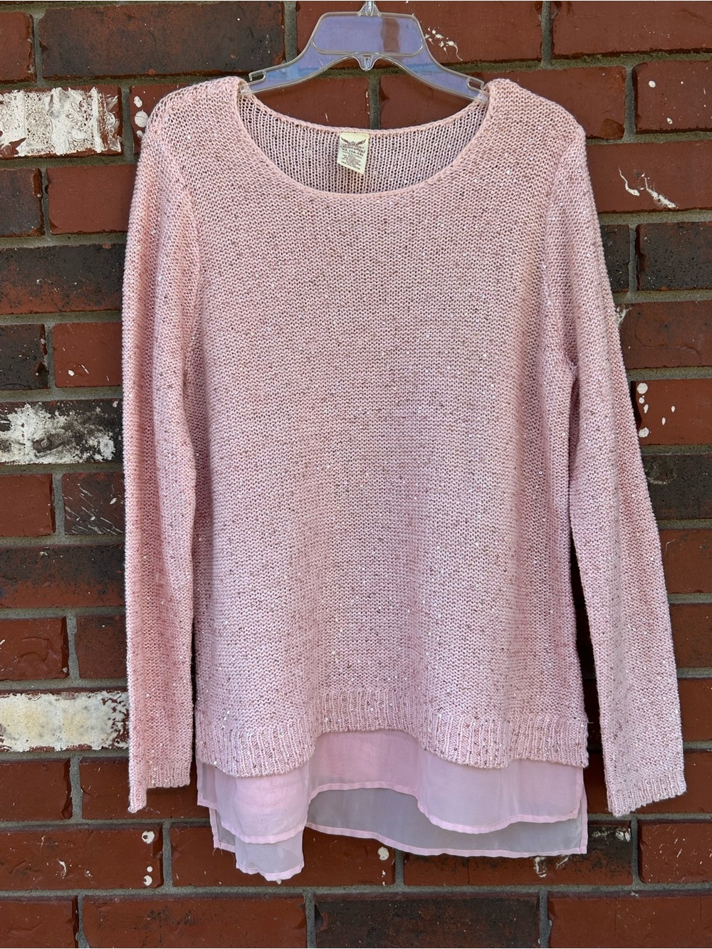 VTG Y2K Faded Glory Metallic Knit Sweater Layered Hem Sequin Pink XL Coquette